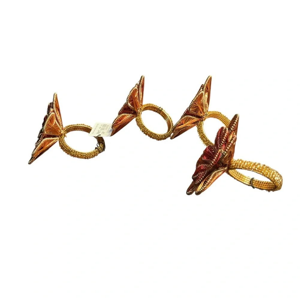 Pier 1 Four Golden and Deep Red Textured Flower Sparkly Stone Napkin Rings NWTs